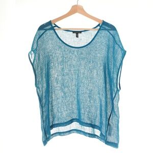 NWOT Eileen Fisher Italian Organic Linen Semi-sheer Teal Cap Sleeve Top XL Boho